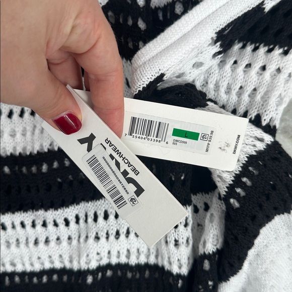 NWT DKNY Swimsuit Cover-Up Black & White Stripe Crochet V Neck Dress Sz L - Picture 9 of 11